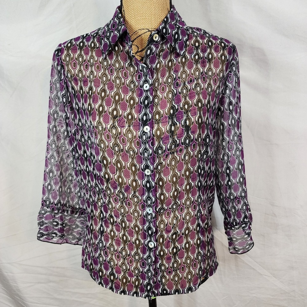 NICOLA Size Med Sheer Geometric Print Chiffon Flare Sleeve Office Casual Blouse - Picture 2 of 13